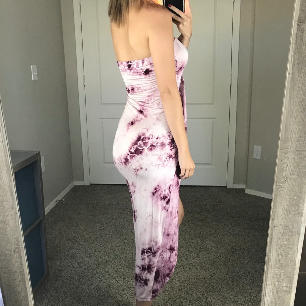 -Pink Tie Dye Strapless Wrap Dress- - Picture 4 of 4